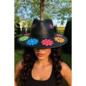 Black Straw Fedora Hat Floral Daisy Flower Embellished Wide Brim Hat, N.W.O.T